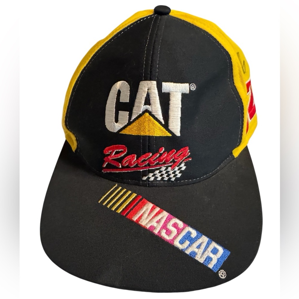 Vintage Black Yellow NASCAR #22 CAT Baseball Hat SnapBack SIGNED